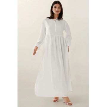 Rochie maxi -  croiala in forma de A - guler rotund - alb - textil
