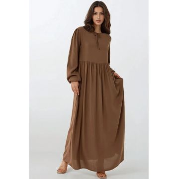 Rochie maxi -  croiala in forma de A - guler rotund - maro - textil