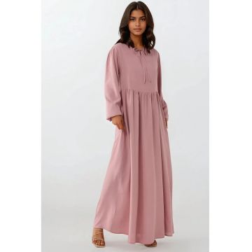 Rochie maxi -  croiala in forma de A - guler rotund - roz - textil