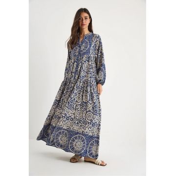 Rochie maxi dama -  croi lejer - viscoza - decolteu in V - bej/albastru