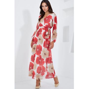 Rochie maxi dama  cu decolteu in V - poliester - multicolor