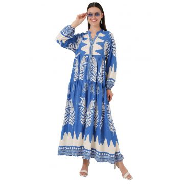 Rochie maxi dama  cu imprimeu - decolteu in V - viscoza - alb/albastru -