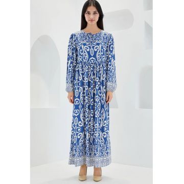 Rochie maxi dama -  cu imprimeu - inchidere cu snur - viscoza - alb/albastru