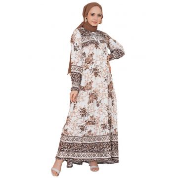 Rochie maxi dama -  cu imprimeu - inchidere cu snur - viscoza - alb/maro