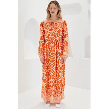 Rochie maxi dama -  cu imprimeu - inchidere cu snur - viscoza - portocaliu/bej