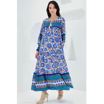 Rochie maxi dama -  cu imprimeu - inchidere snur - viscoza - multicolor