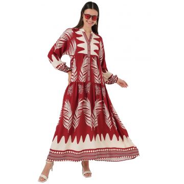 Rochie maxi dama -  decolteu in V - cu imprimeu - maneci lungi - viscoza - rosu/bej