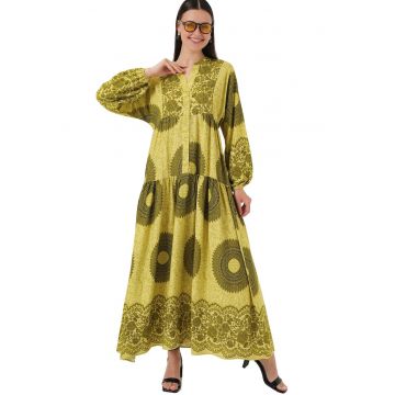 Rochie maxi dama -  decolteu in V - cu imprimeu - maneci lungi - viscoza - verde