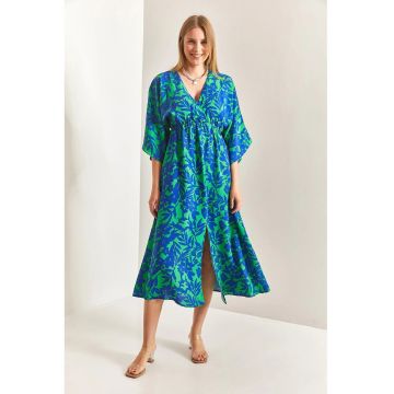 Rochie maxi dama  decolteu in V - imprimeu floral - viscoza - albastru/verde -