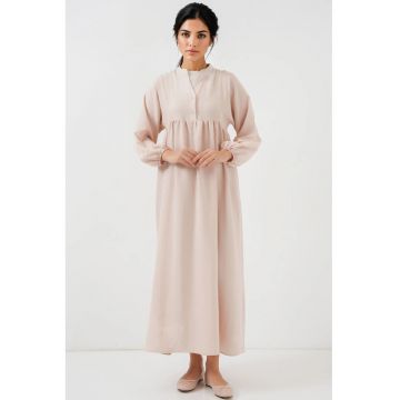 Rochie maxi dama -  poliester - decolteu in V si nasturi - bej