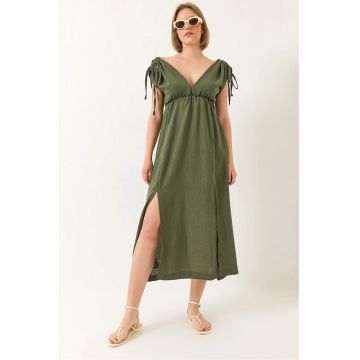 Rochie maxi dama -  poplin - decolteu in V - verde