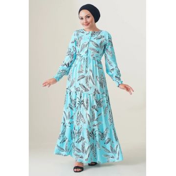 Rochie maxi dama -  viscoza - decolteu rotund - albastru deschis