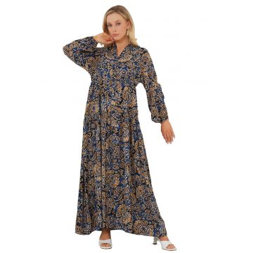 Rochie maxi dama  viscoza - decolteu V - cu imprimeu - multicolor