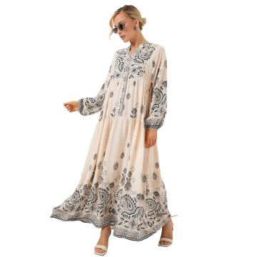 Rochie maxi de dama  decolteu V - imprimeu - viscoza - bej/negru -