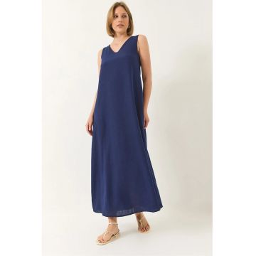 Rochie maxi -  decolteu in V - croiala lejera - albastru - poliester