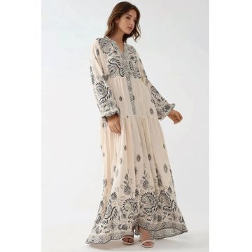 Rochie maxi -  decolteu in V - detalii cu nasturi - gri - textil