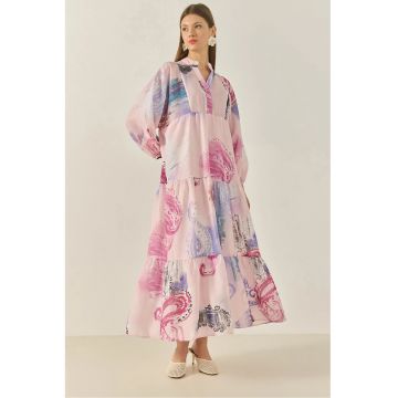 Rochie maxi -  decolteu in V - detalii cu volane - roz - poliester -