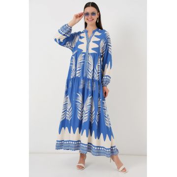 Rochie maxi -  decolteu in V - inchidere cu nasturi - albastru - viscoza