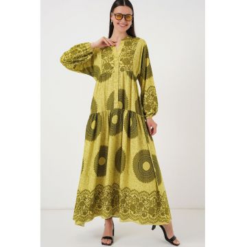 Rochie maxi -  decolteu in V - inchidere cu nasturi - galben - viscoza -