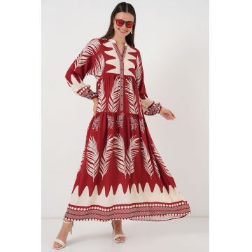 Rochie maxi -  decolteu in V - inchidere cu nasturi - rosie - viscoza
