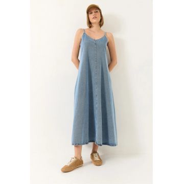 Rochie maxi din denim  decolteu in V - inchidere cu nasturi - albastra - material de bumbac