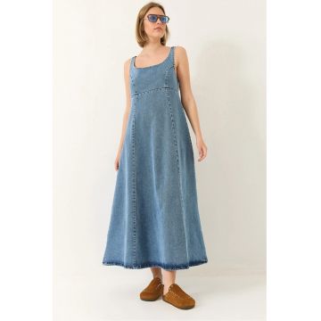 Rochie maxi din denim  guler patrat - albastra - material de bumbac