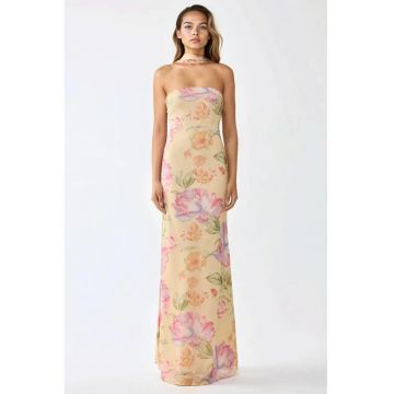 Rochie maxi -  fara bretele - imprimeu floral - multicolor - tul