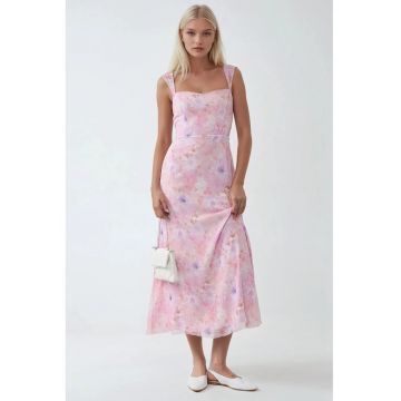Rochie maxi -  florala - guler in forma de inima - roz aprins - textil