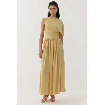 Rochie maxi -  guler asimetric - umeri goi - galben - textil -