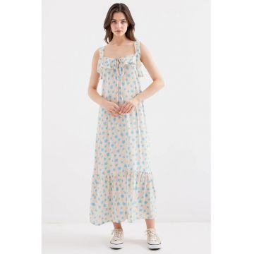 Rochie maxi  guler patrat - detalii cu volane - albastru - viscoza