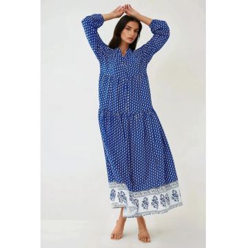 Rochie maxi -  imprimeu - decolteu in V - albastru - textil