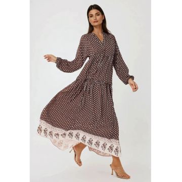 Rochie maxi -  imprimeu - decolteu in V - maro - textil