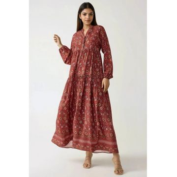 Rochie maxi -  imprimeu - decolteu in V - rosu - textil