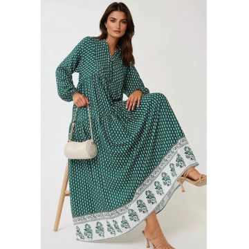 Rochie maxi -  imprimeu - decolteu in V - verde - textil