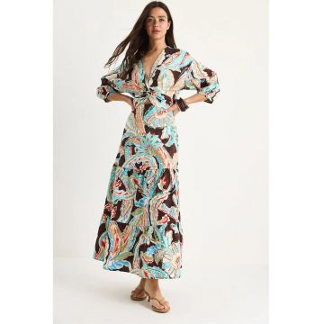 Rochie maxi -  imprimeu etnic - decolteu in V - multicolor - poliester-elastan