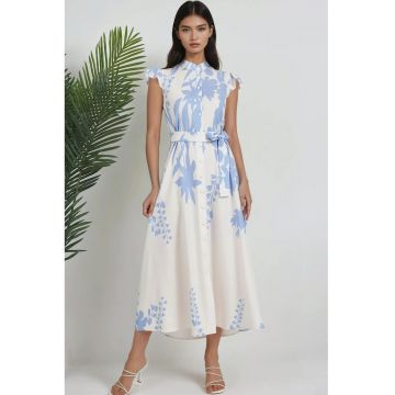 Rochie maxi -  imprimeu floral - albastru - material textil