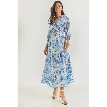 Rochie maxi -  imprimeu floral - decolteu in V - albastru - poliester