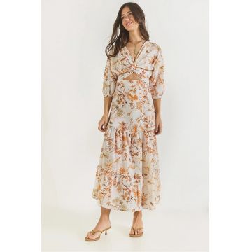 Rochie maxi -  imprimeu floral - decolteu in V - portocalie - poliester