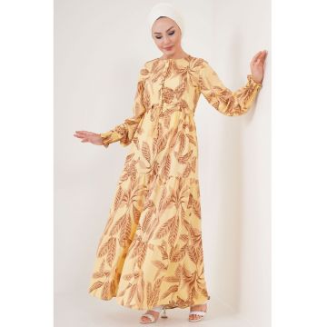 Rochie maxi -  imprimeu floral - guler rotund - galben - viscoza