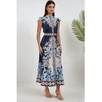 Rochie maxi -  imprimeu floral - slim fit - albastru - textil