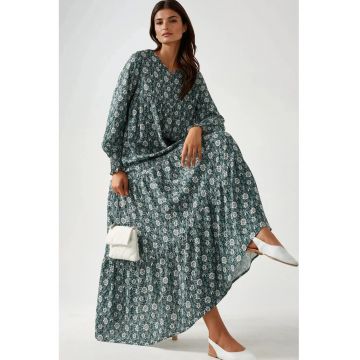 Rochie maxi  imprimeu - guler rotund - verde - viscoza