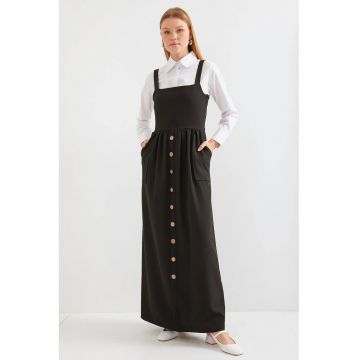 Rochie maxi -  in forma de A - guler patrat - neagra - jerseu
