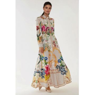 Rochie maxi -  maneca lunga - imprimeu - multicolor - textil