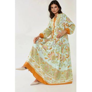 Rochie maxi  maneca lunga - imprimeu - portocalie - viscoza