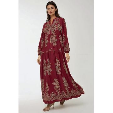 Rochie maxi - maneca lunga - imprimeu - rosu - viscoza Rochie maxi - maneca lunga - imprimeu - rosu - viscoza