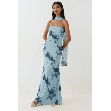 Rochie maxi mulata  imprimeu floral - albastru glaciar - tul
