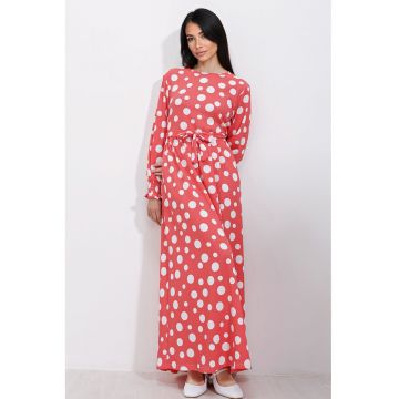 Rochie maxi tricotata  cu funda - rosu/alb - poliester-lycra -