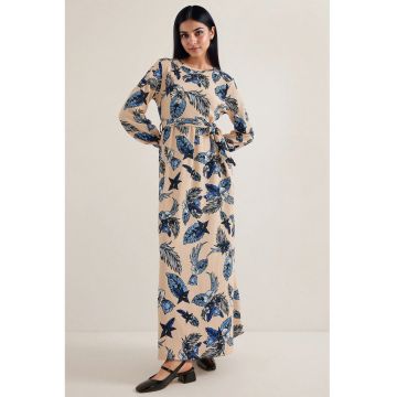Rochie maxi tricotata dama  floral - poliester/lycra - bej/albastru