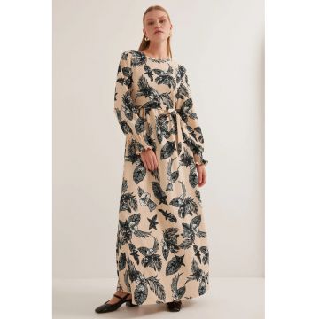 Rochie maxi tricotata dama  floral - poliester/lycra - gri/bej