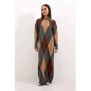 Rochie maxi -  tricotata - model geometric - gri/maro -